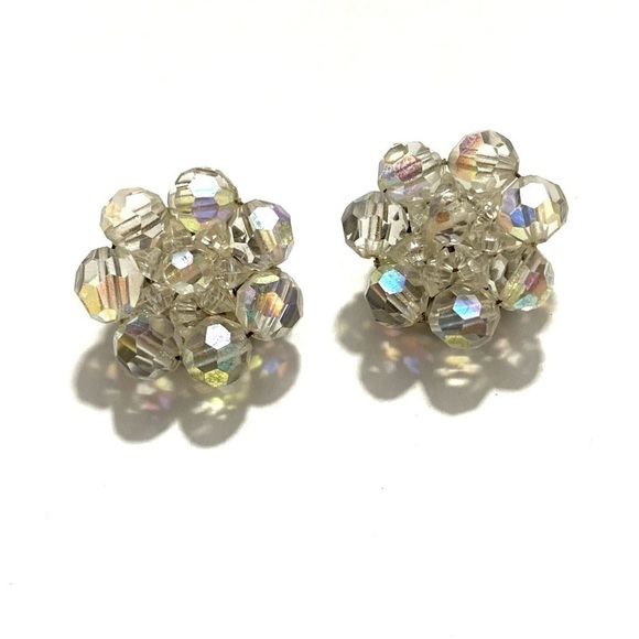 Vintage Aurora Borealis AB Crystal Beaded Cluster Silver Tone Clip On Earrings - Picture 6 of 6